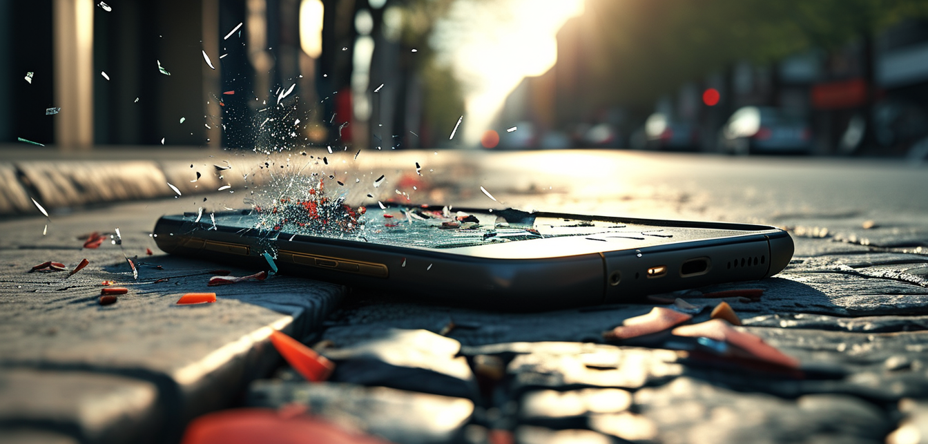 An ultra-photorealistic image of a phone in a protective case falling and just hit the ground. The phone is captured at the very moment of the impact with a rough concrete surface. The phone case is sleek and rigid, designed for protection.